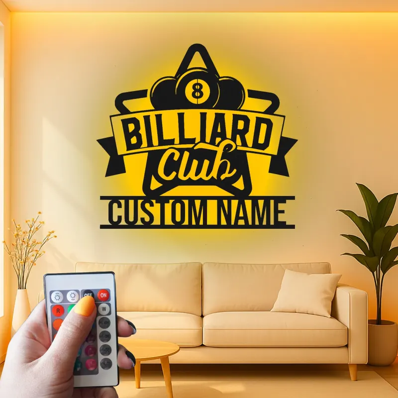 Custom Billiard Club Led Light Metal Wall Art Personalized Gift for Pool Players Game Room Decor