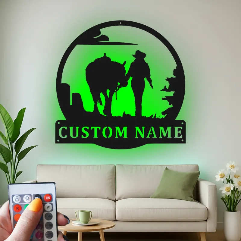 Insegna in metallo LED personalizzata con cowboy e cavallo - Regalo western per lui, decorazione rustica per ranch