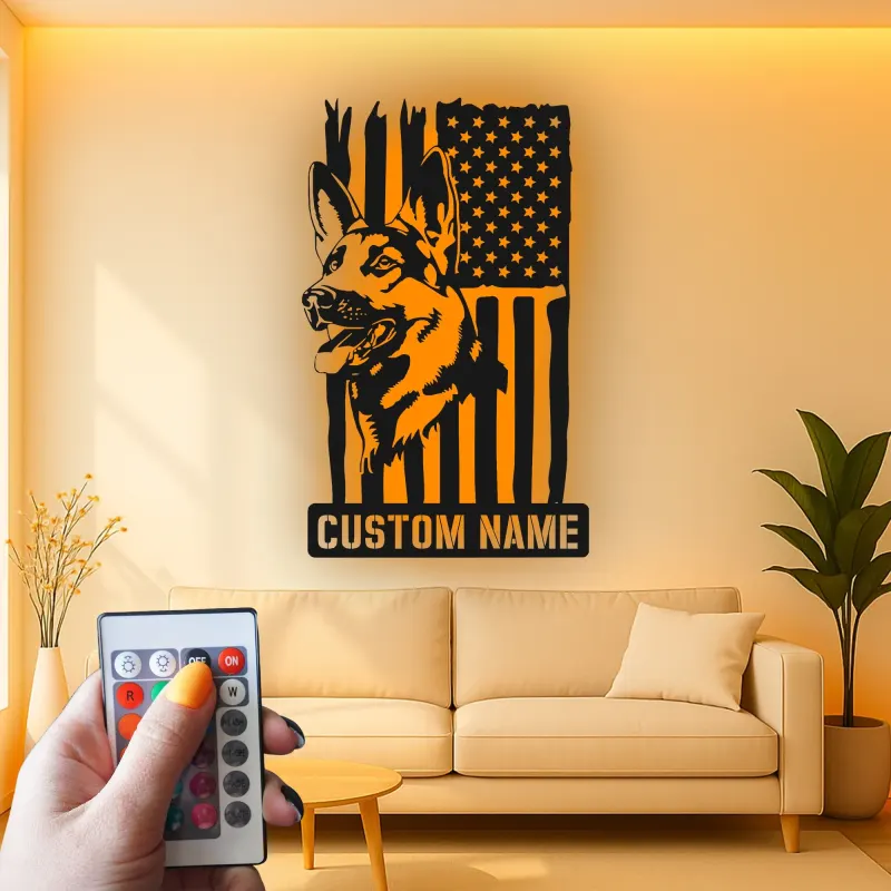Arte murale LED in metallo con Pastore Tedesco | Insegna personalizzata con nome del cane | Decorazione patriottica con bandiera americana per casa o ufficio