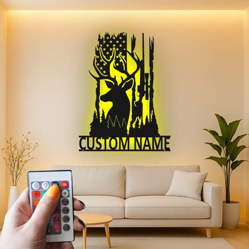 Insegna in metallo personalizzata per cacciatori di cervi con luce LED regalo personalizzato per appassionati di caccia decorazione per cabine o man cave