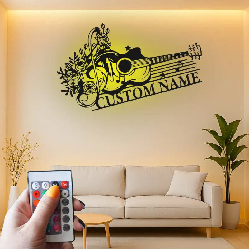 Personalized Guitar LED Sign | Custom Metal Wall Art for Music Room | Floral Musician Gift | Boho Home Decor