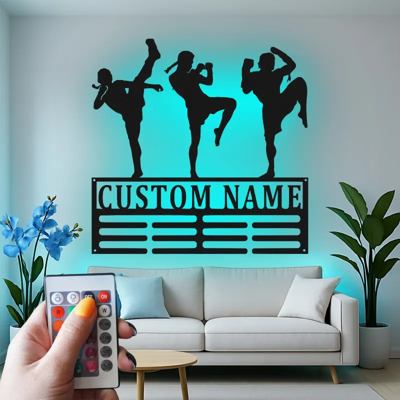 Panneau LED Muay Thai Personnalisé | Art mural en métal Kickboxing sur mesure | Décor d'Arts Martiaux pour Salle de Sport ou Cadeau pour Athlète