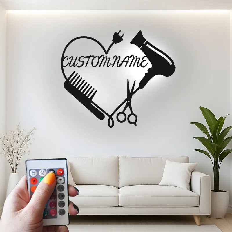 Enseigne LED personnalisée pour coiffeur | Décoration murale en métal personnalisée pour salon | Plaque nominative pour studio beauté | Cadeau pour coiffeur