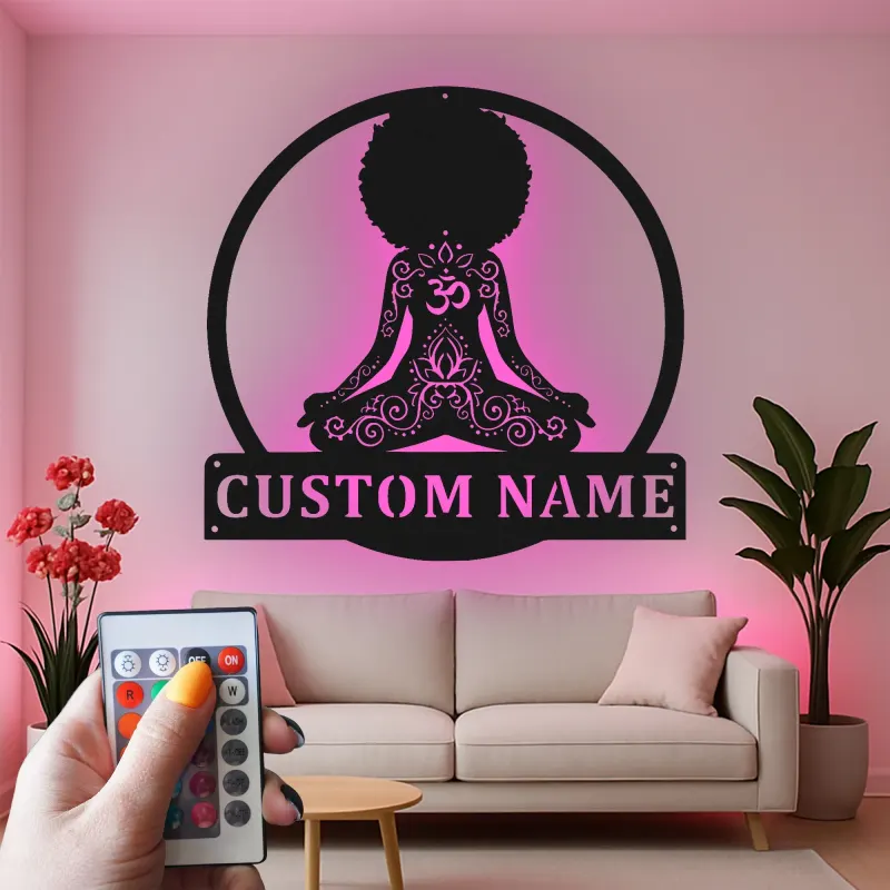 Custom Meditating Woman Led Light Metal Wall Art Yoga Lover Gift Zen Room or Meditation Space Decor