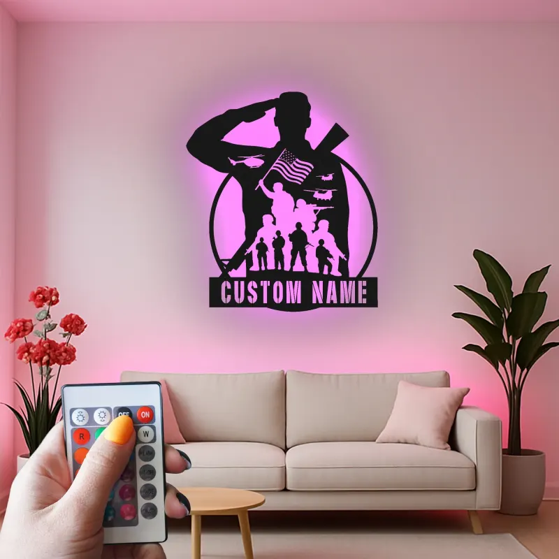 Insegna LED Personalizzata per Soldato Salutante | Arte in Metallo con Bandiera Americana Personalizzata | Decorazione Militare Patriottica | Regalo per Veterani