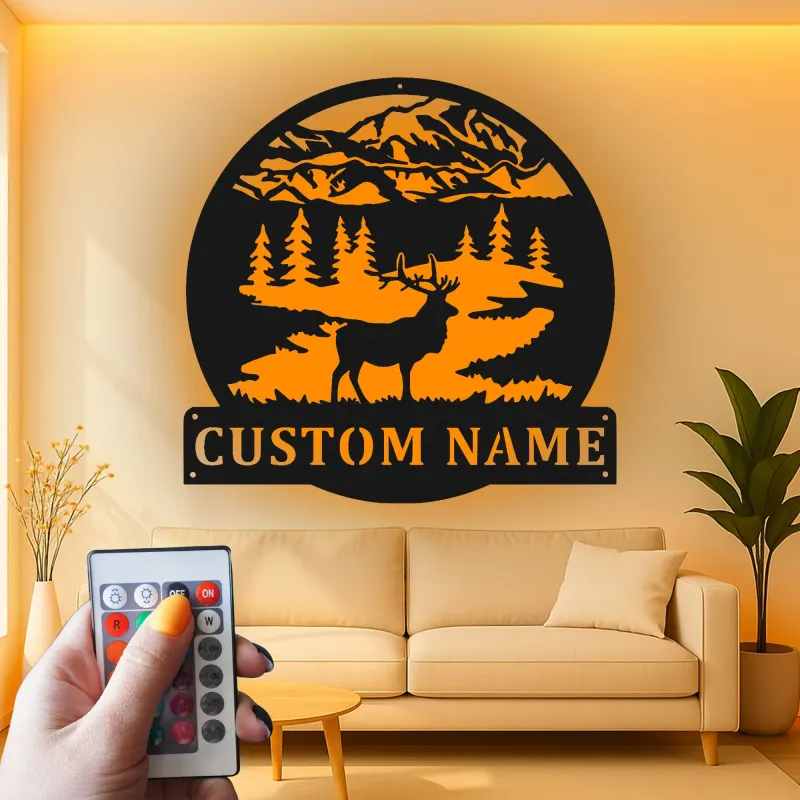 Insegna in metallo personalizzata con luce LED a forma di cervo - Regalo per amanti della natura per cabine o lodge