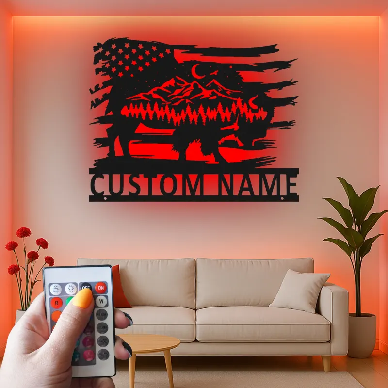 Custom Buffalo American Flag Led Light Metal Wall Art Unique Gift for Nature Lovers Rustic Living Room Decor