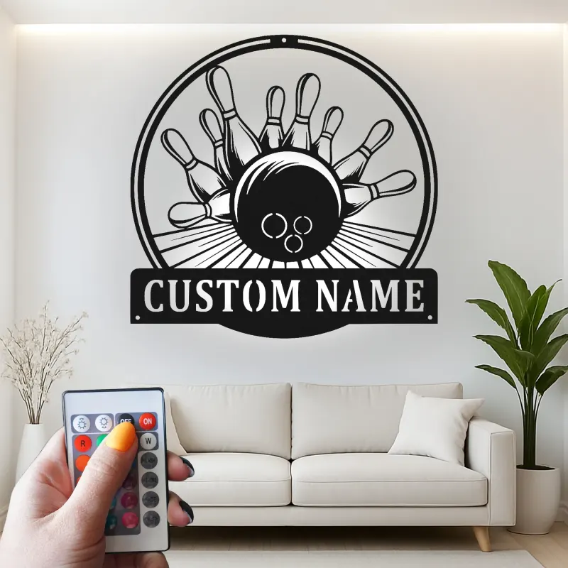 Insegna in metallo LED personalizzata con birilli e palla da bowling - Regalo per appassionati di bowling e decorazione per sala giochi