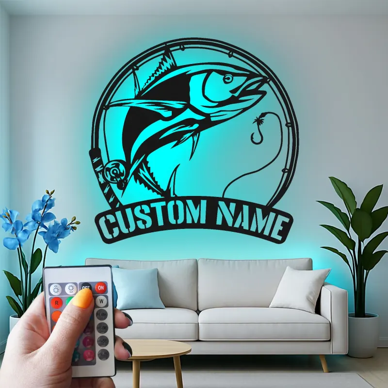 Insegna LED da pesca personalizzata | Insegna in metallo personalizzata | Decorazione con nome del pescatore per casa al lago e baita, idea regalo