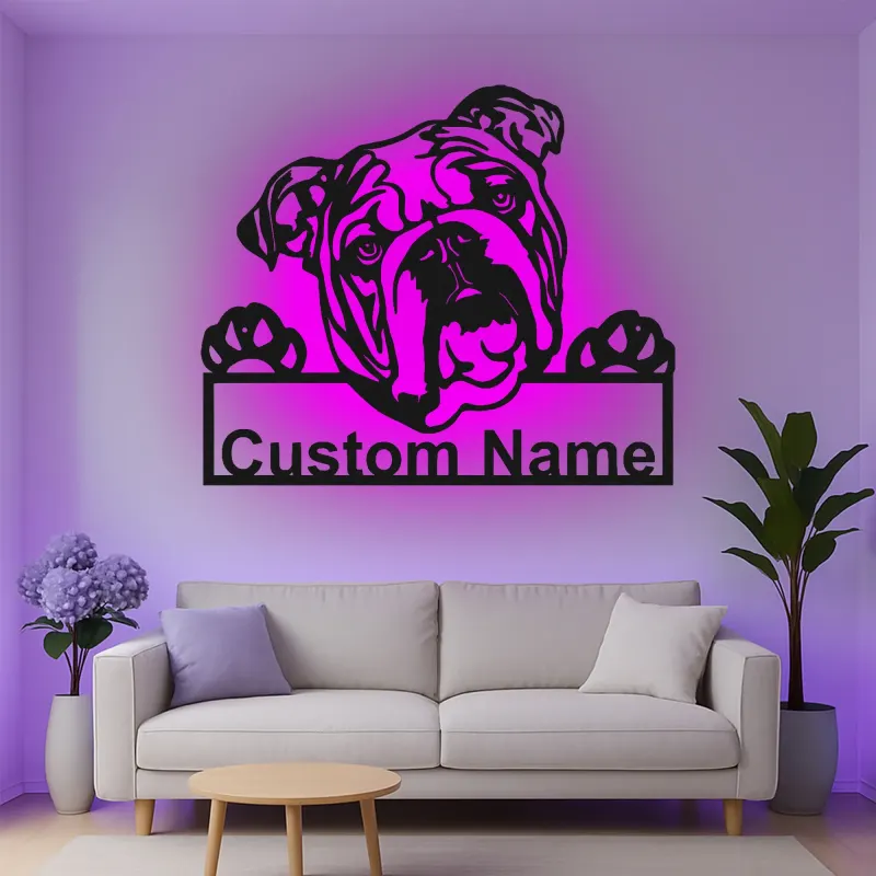 Insegna in metallo LED personalizzata con bulldog - Regalo per amanti dei cani e decorazione per soggiorno