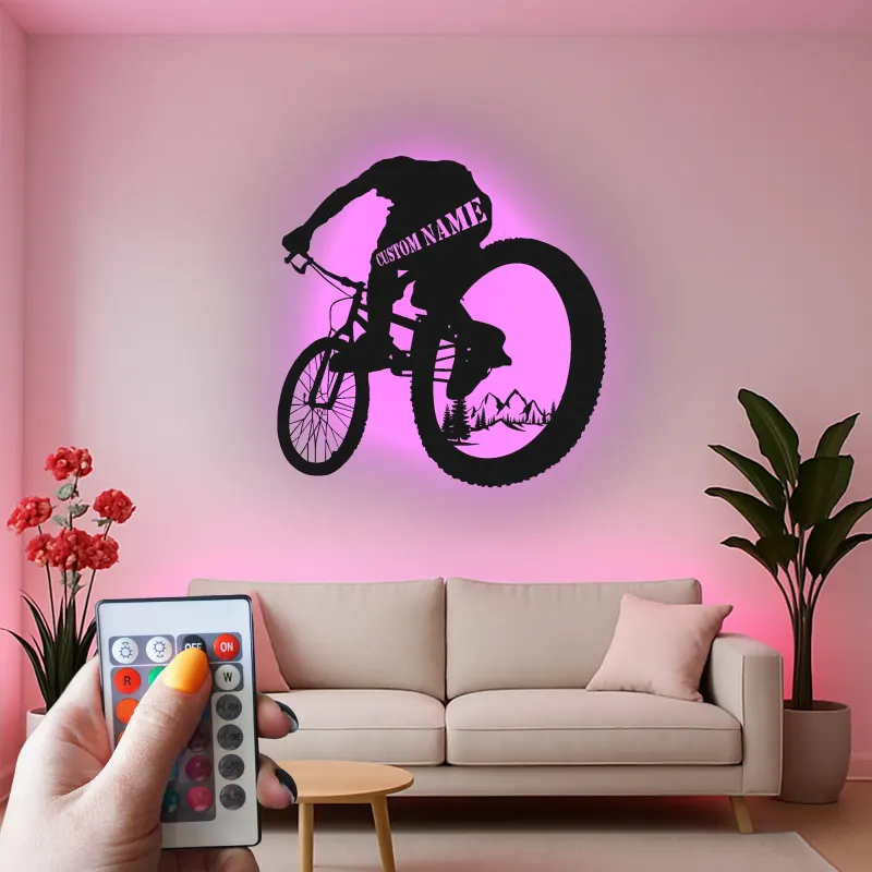 Insegna in Metallo per Mountain Biker Personalizzata | Arte da Parete LED per Ciclisti | Regalo per MTB e Decorazione Garage
