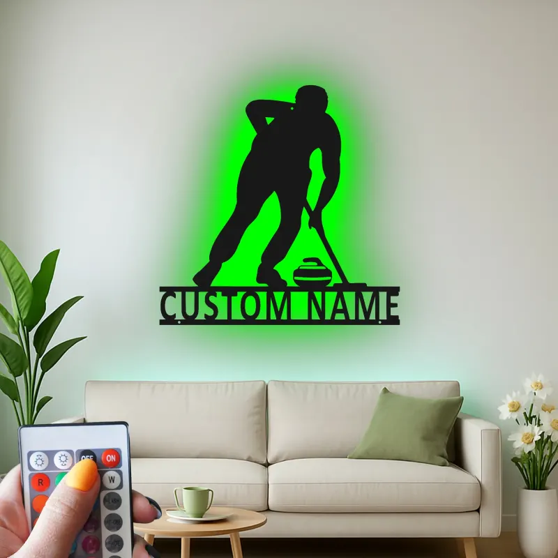 Insegna in metallo personalizzata con luce LED a tema giocatore di curling regalo sportivo per curlers decorazione per sala giochi
