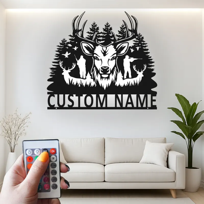 Cartel de metal LED de cazador de ciervos, regalo personalizado para cazadores, decoración rústica de cabaña