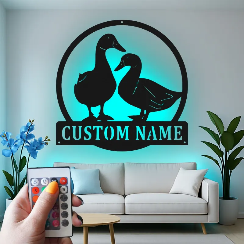 Insegna in metallo LED personalizzata con coppia di anatre - Regalo per fattoria, decorazione rustica per cucina o giardino