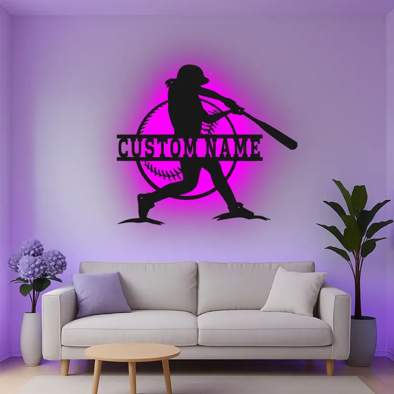 Insegna in metallo personalizzata per giocatore di softball con luce LED regalo per atleti decorazione per sala giochi sportiva 1