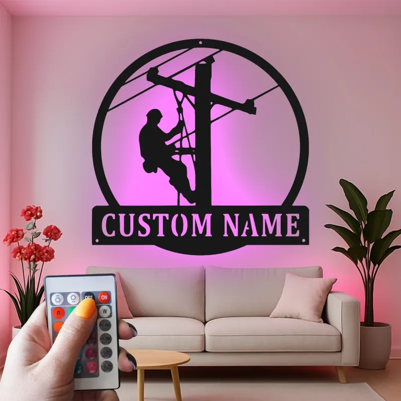 Regalo Personalizzato per Lineman | Insegna in Metallo Retroilluminata con LED | Insegna per Elettricista | Decorazione per Lavoratori di Pali