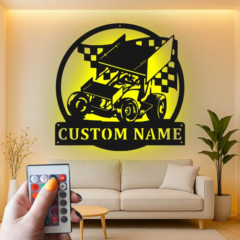 Custom Sprint Car Metal Sign | Personalized LED Race Car Wall Art | Gift for Racer Garage or Man Cave Decor