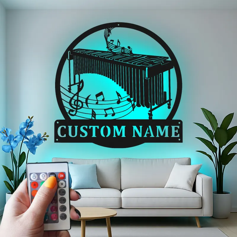 Decoración mural de metal personalizada con marimba | Letrero LED a medida para sala de música | Placa con nombre para músico | Decoración de estudio