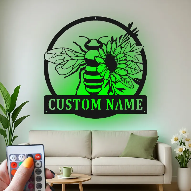 Custom Bee and Flower Led Light Metal Wall Art Personalized Garden Lover Gift Outdoor Patio Decor