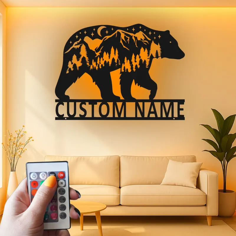 Décoration murale en métal personnalisée avec éclairage LED Forêt d'Ours Cadeau pour Amateurs de Nature Décor de Cabane ou Salon
