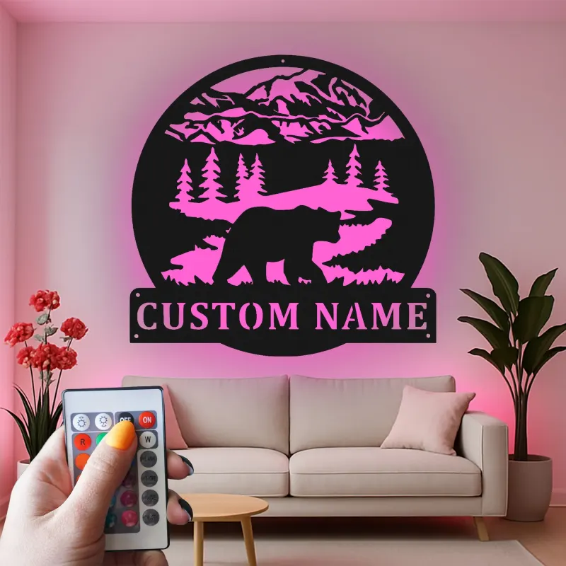 Custom Bear Mountain Scene Led Light Metal Wall Art Personalized Gift for Nature Lovers Cabin Decor