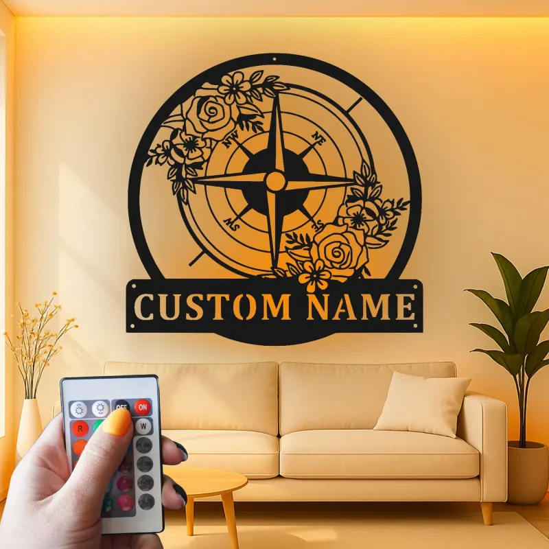 Décoration murale en métal personnalisée avec rétroéclairage LED - Rose des vents - Cadeau de mariage personnalisé - Décor nautique pour salon
