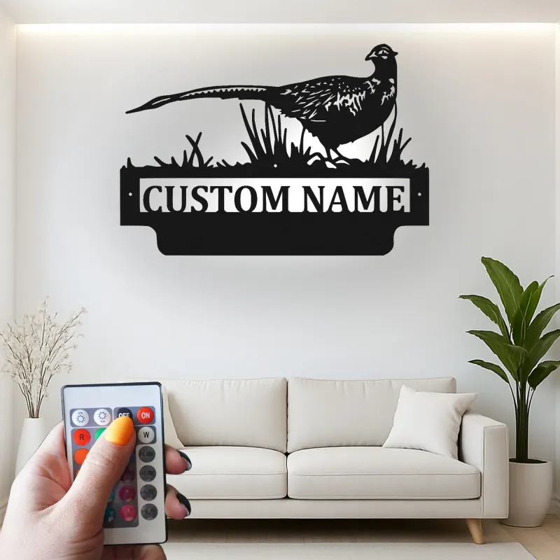 Arte in Metallo Pheasant con LED | Regalo Personalizzato per Cacciatori | Insegna con Nome Personalizzato per Cabin e Lodge | Silhouette di Uccello Anatra