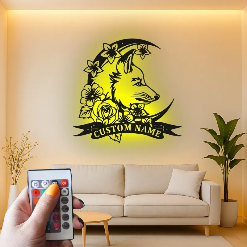 Personalized Fox LED Sign | Custom Metal Wall Art with Floral Moon | Boho Wildlife Decor for Nursery or Office | Hand-Crafted Gift
