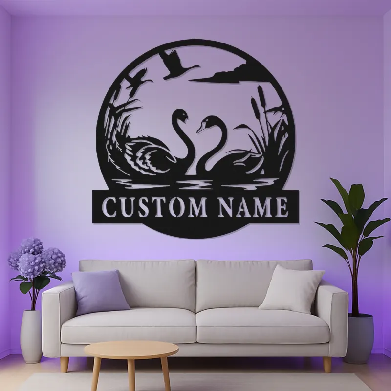 Insegna in metallo personalizzata con cigni | Arte murale retroilluminata a LED | Regalo romantico per matrimoni e anniversari