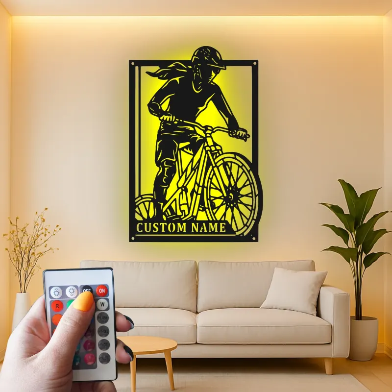 Custom Cyclist Led Light Metal Wall Art Personalized Gift for Biking Enthusiasts Garage or Man Cave Decor