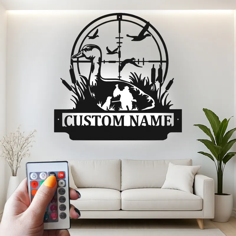Personalisierte LED-Metall-Wandkunst mit Entenjagd – Geschenk für Jäger, Deko für Männerhöhle oder Ferienhaus
