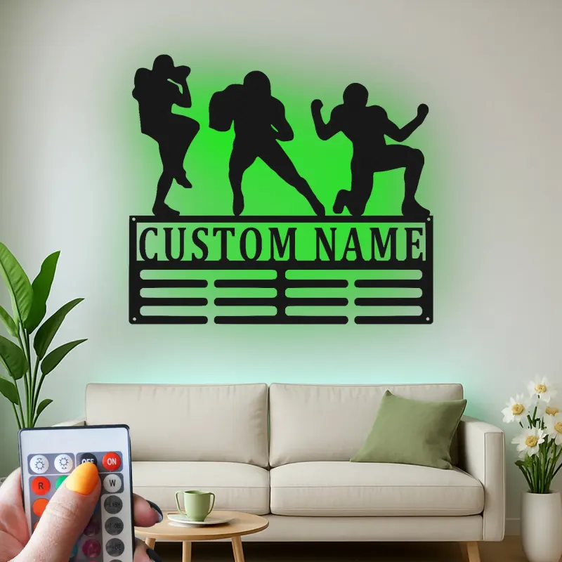 Custom Football Player Metal Sign | Personalized LED Wall Art for Boys Room | Athlete Name Decor for Sports Fan