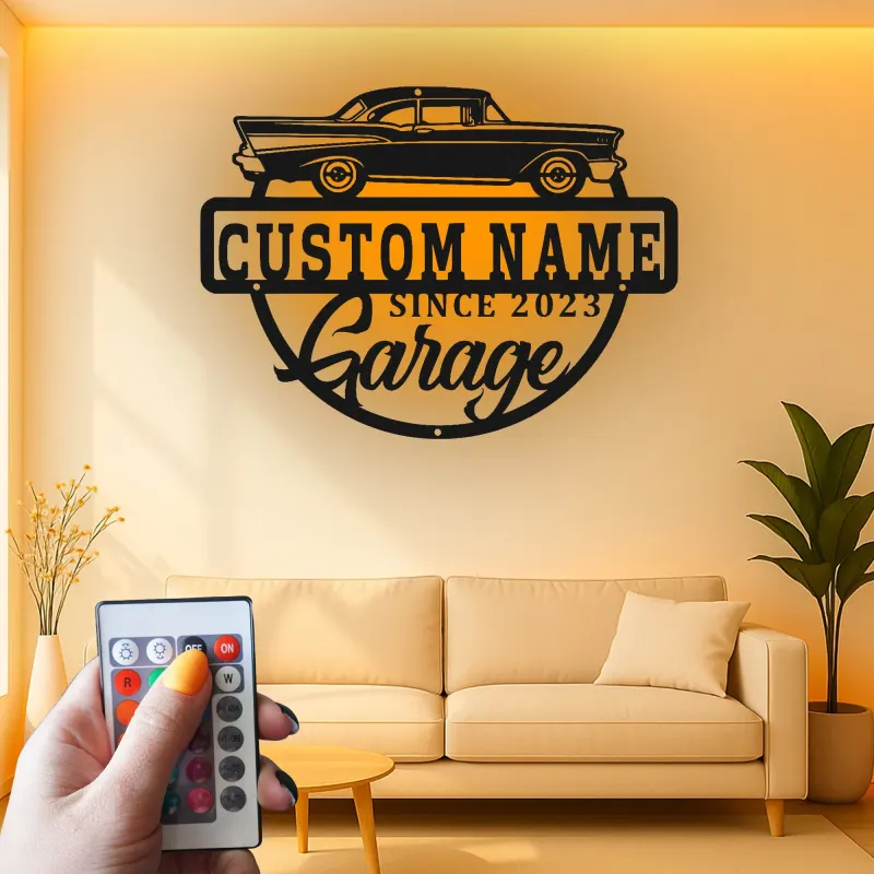 Enseigne LED en métal voiture classique personnalisée | Déco de garage vintage personnalisée | Art mural rétroéclairé pour man cave | Cadeau unique pour passionnés d’auto