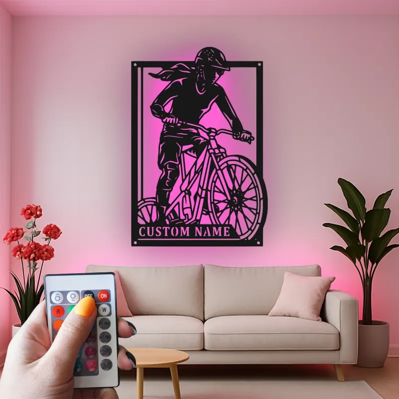 Custom Cyclist Led Light Metal Wall Art Personalized Gift for Biking Enthusiasts Garage or Man Cave Decor