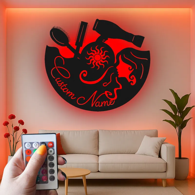Enseigne de salon personnalisée | Art mural LED en métal sur mesure pour coiffeur | Décoration d’institut de beauté | Cadeau pour coiffeur
