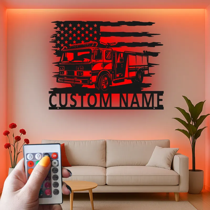 Insegna in Metallo Personalizzata per Vigile del Fuoco | Arte da Parete con LED per Camion dei Pompieri | Regalo per Vigile del Fuoco | Decorazione per Stazione dei Vigili del Fuoco