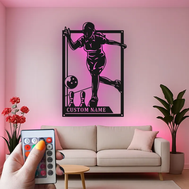 Custom Bowling Player Led Light Metal Wall Art Personalized Gift for Bowlers Game Room Sports Decor
