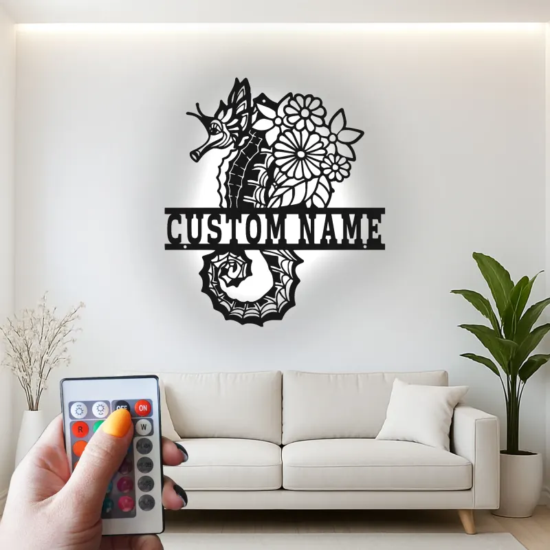 Insegna LED con cavalluccio marino | Insegna in metallo personalizzata con fiori | Decorazione nautica per casa al mare e beach house | Regalo per chi ama l'oceano