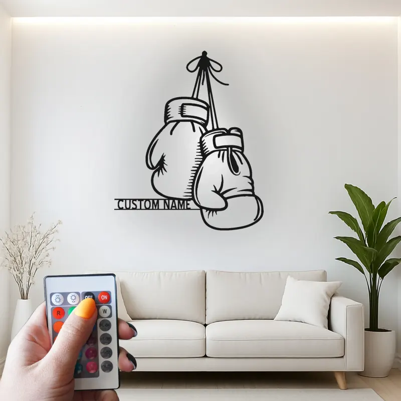 Insegna in metallo personalizzata con guantoni da boxe e luce LED - Regalo personalizzato per pugili, palestra o decorazione per angolo dedicato 1