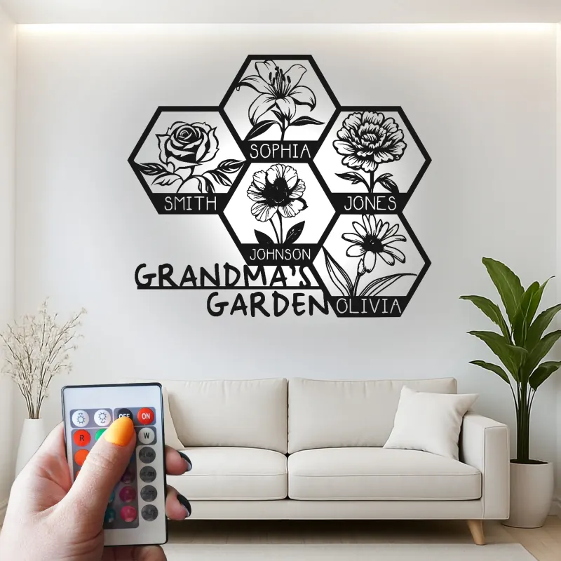 Grandma's Garden Custom Sign | Personalized LED Metal Wall Art | Floral Family Name Decor | Gift for Grandma