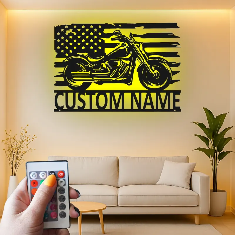 Insegna in metallo personalizzata con bandiera americana e luce LED regalo per motociclisti decorazione per garage