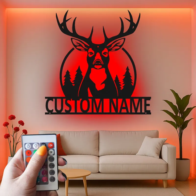Décoration murale en métal personnalisée Silhouette de Cerf avec Rétroéclairage LED Cadeau Personnalisé pour Chasseurs Décor de Chalet Rustique