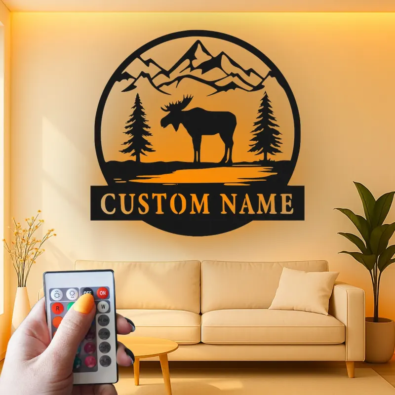 Moose Silhouette LED Metal Wall Art | Custom Name Sign for Cabin | Rustic Mountain Decor Gift