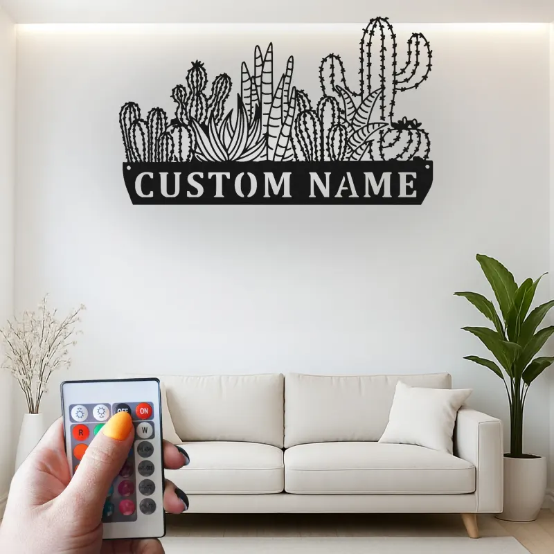 Insegna in metallo personalizzata con cactus succulento e luce LED, regalo per amanti delle piante, decorazione per soggiorno in stile deserto