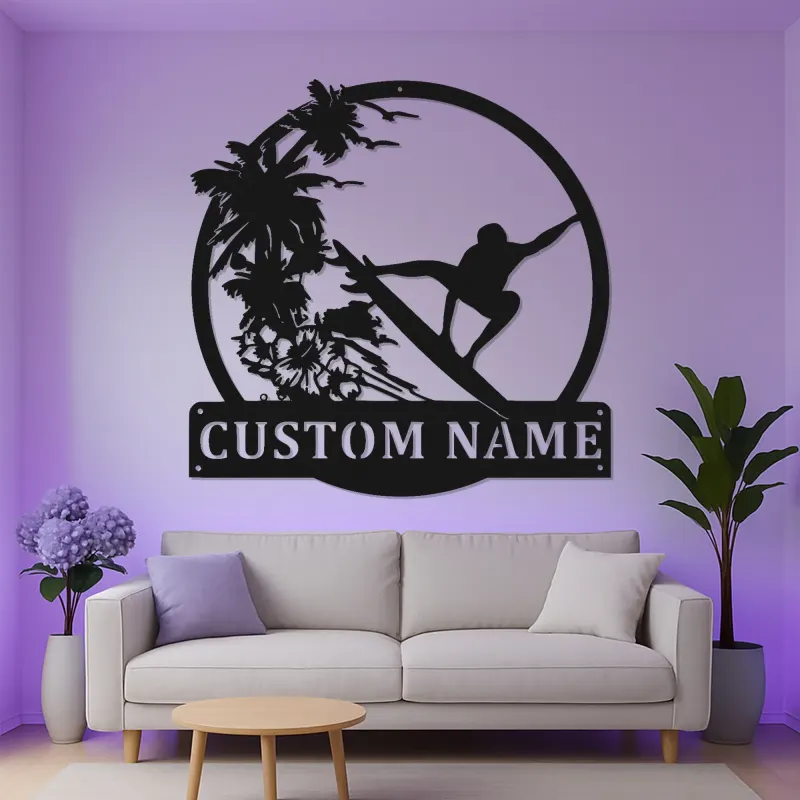 Custom Surfer Metal Wall Art | Personalized LED Beach House Decor | Tropical Wave Silhouette Sign | Gift for Ocean Lovers