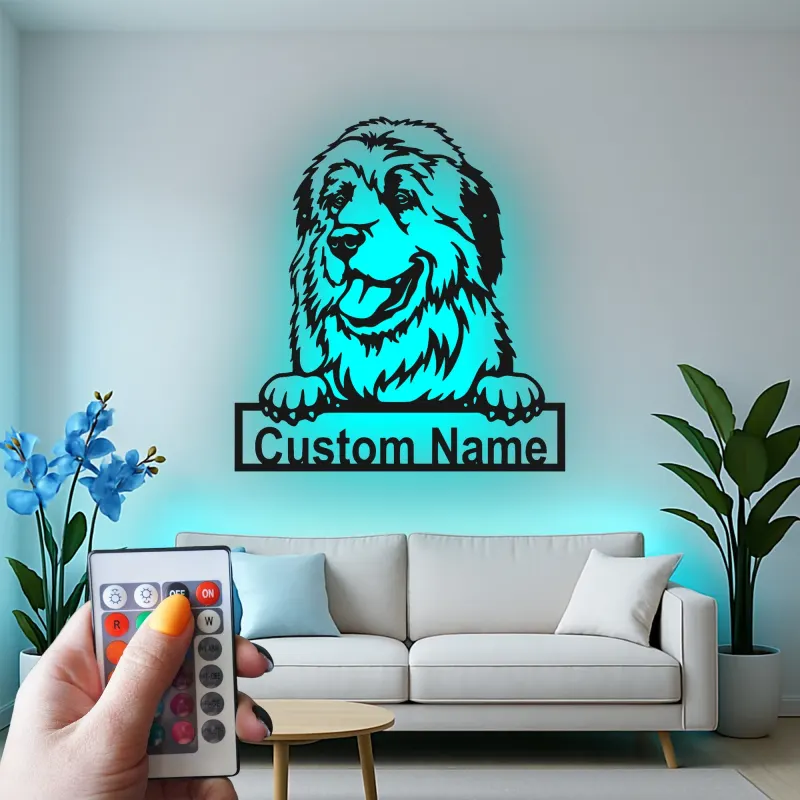 Cartel de metal personalizado con luz LED de perro de Terranova, regalo para padres de mascotas, decoración de salón de perros