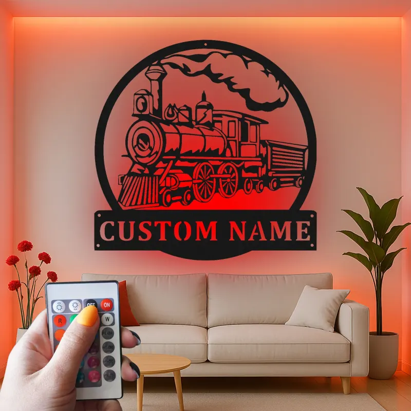 Décoration murale en métal personnalisée de train à vapeur avec rétroéclairage LED - Cadeau pour passionnés de trains, décoration pour man cave ou bureau