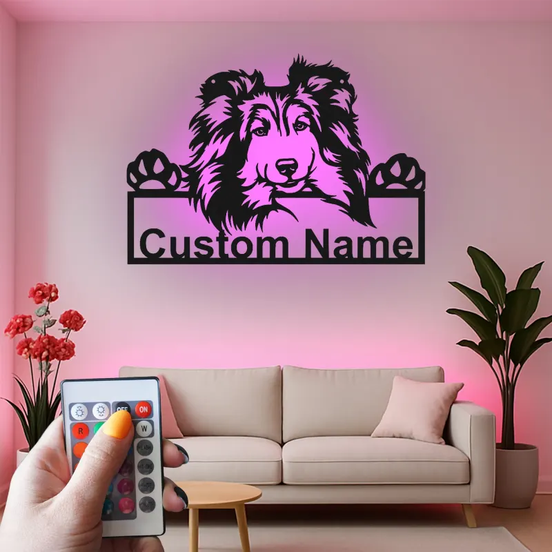 Décoration murale en métal personnalisée pour chien Shetland LED - Cadeau pour maman chien - Décor pour animaux de compagnie
