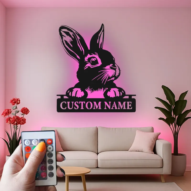 Cartel de metal LED personalizado de conejo, regalo para amantes de conejos, decoración para guardería o habitación infantil 1