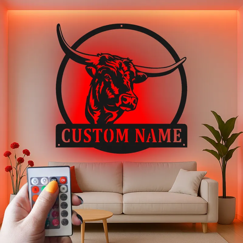 Décoration murale en métal personnalisée avec longhorn et rétroéclairage LED - Cadeau pour rancher, décoration de style western pour la maison
